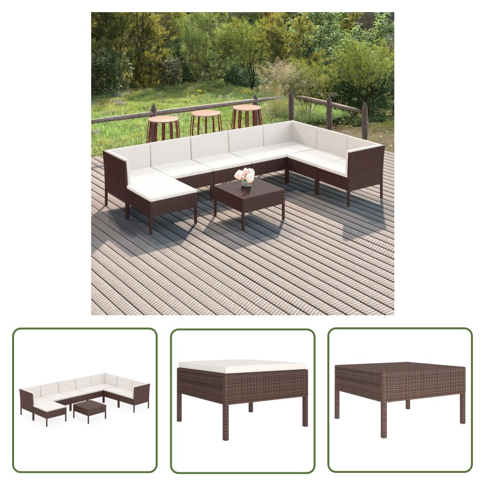 The Living Store 9-cz. zestaw wypoczynkowy do ogrodu - poduszki - rattan PE - brąz - Zestaw Wypoczynkowy Do Ogrodu