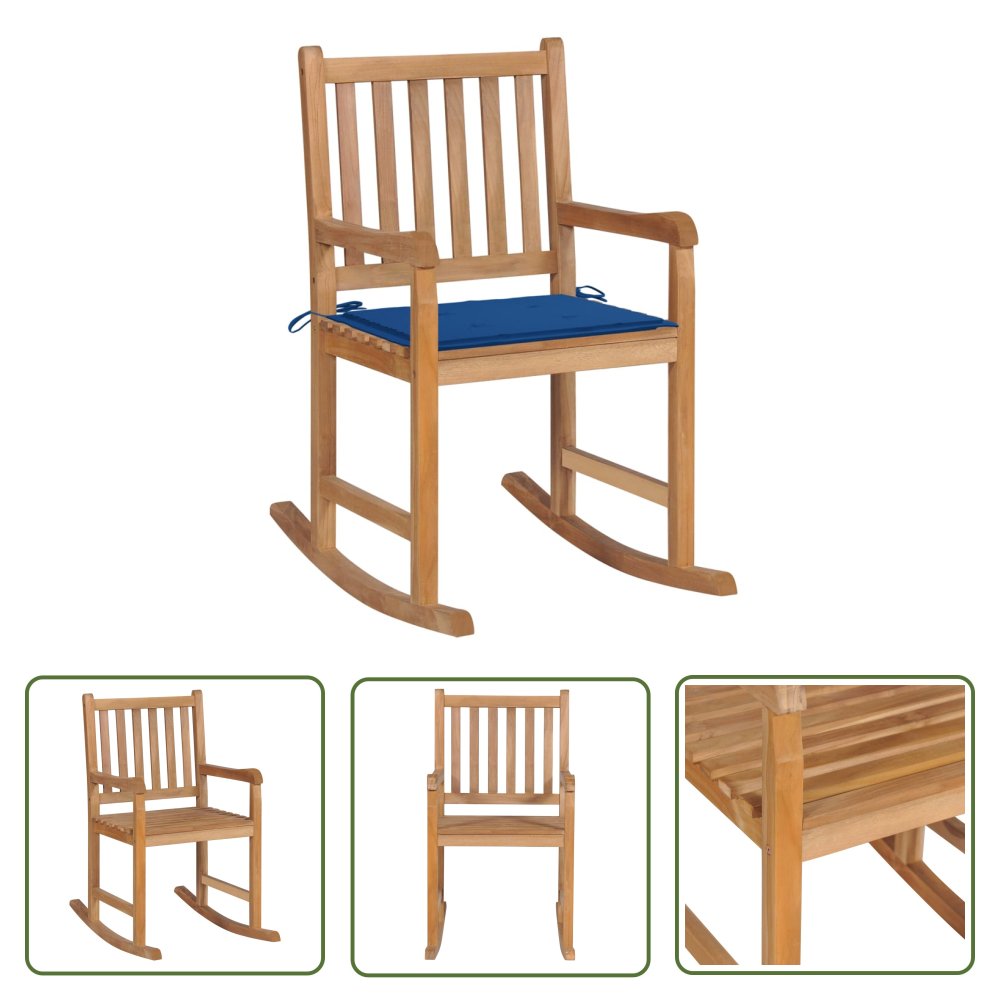 The Living Store Fotel bujany z kobaltową poduszką - lite drewno tekowe - Fotel Bujany