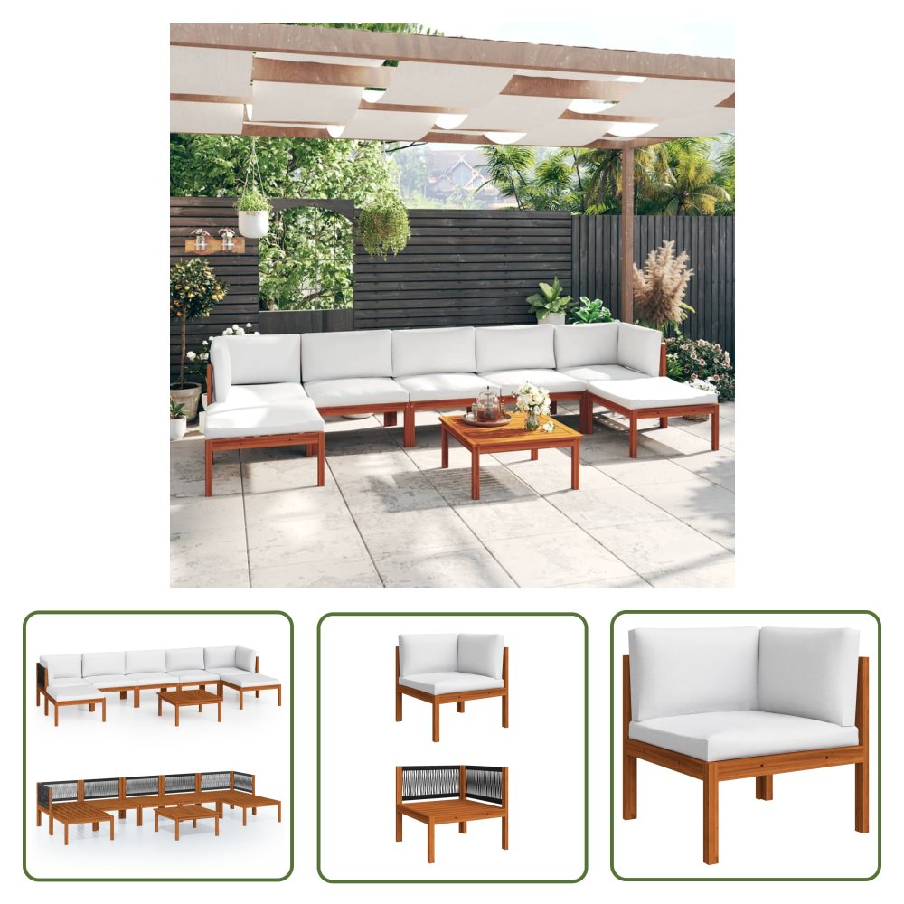 The Living Store 8-cz. zestaw wypoczynkowy do ogrodu - kremowe poduszki - akacja - Meble Wypoczynkowe Do Ogrodu