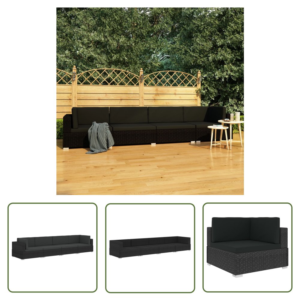 The Living Store 4-częściowa sofa ogrodowa - poduszki - rattan PE - czarna - Sofa Ogrodowa