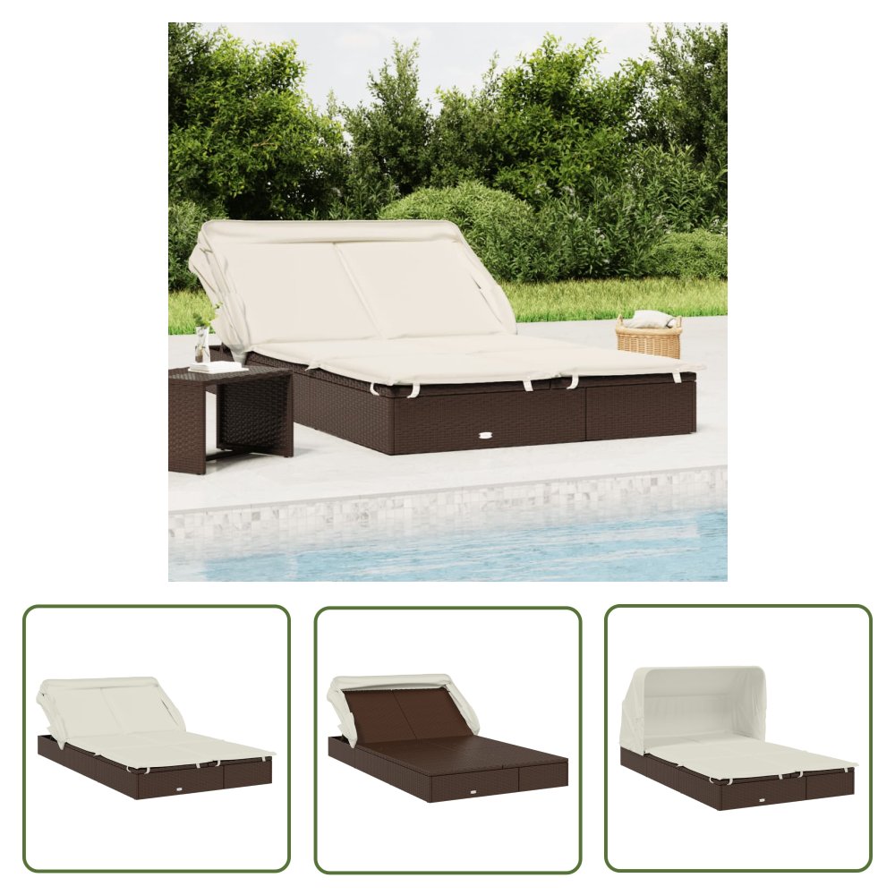 The Living Store Leżak 2-os. - składany dach - brązowy - 213x118x97 cm - polirattan - Leżak Ogrodowy
