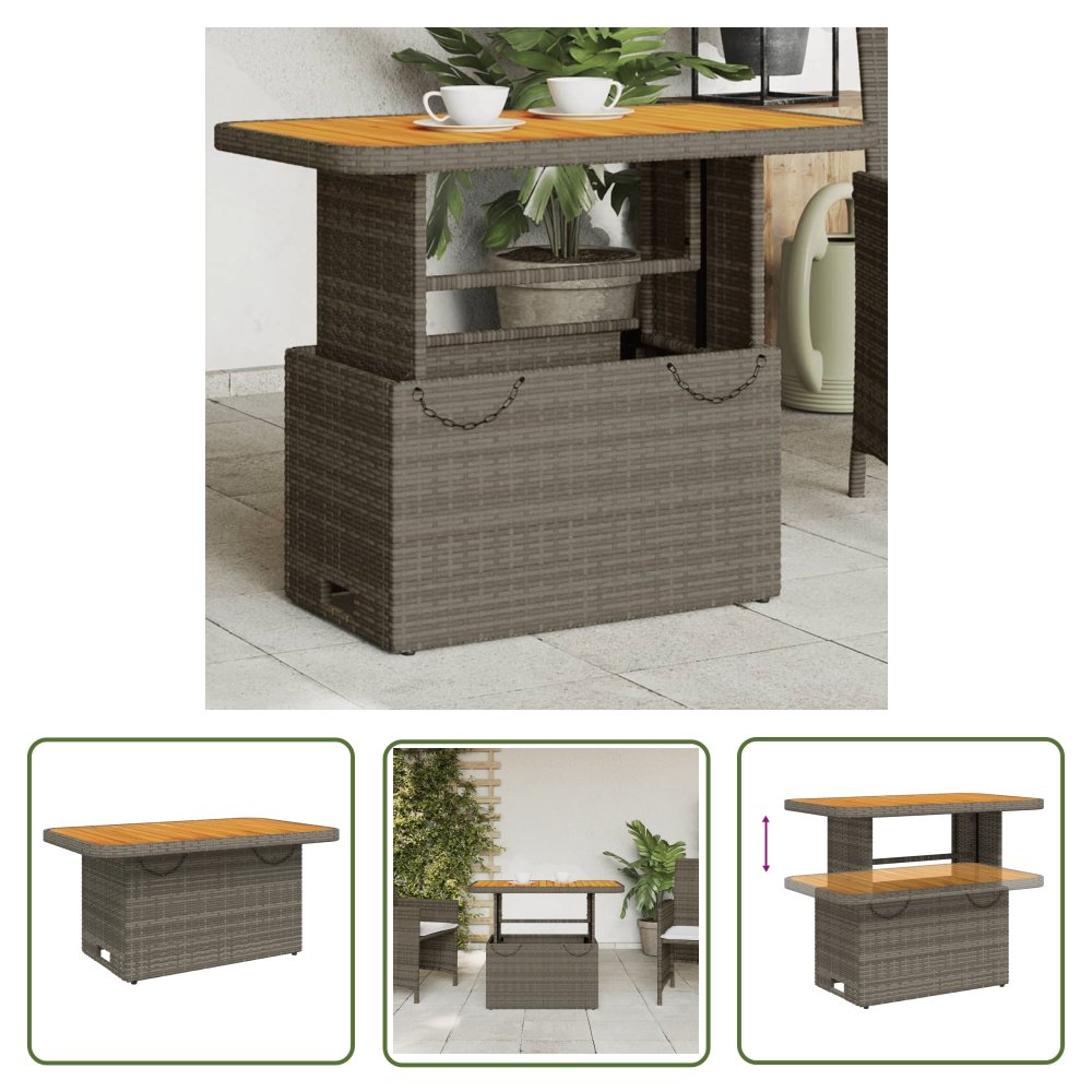 The Living Store Stół ogrodowy - szary - 90x55x71 cm - polirattan i drewno akacjowe - Stół Ogrodowy