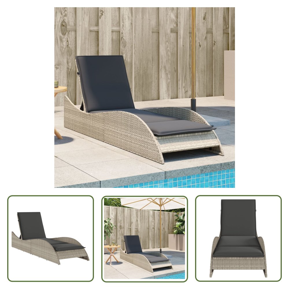 The Living Store Leżanka z poduszką - jasnoszara - 60x205x73 cm - polirattan - Leżak