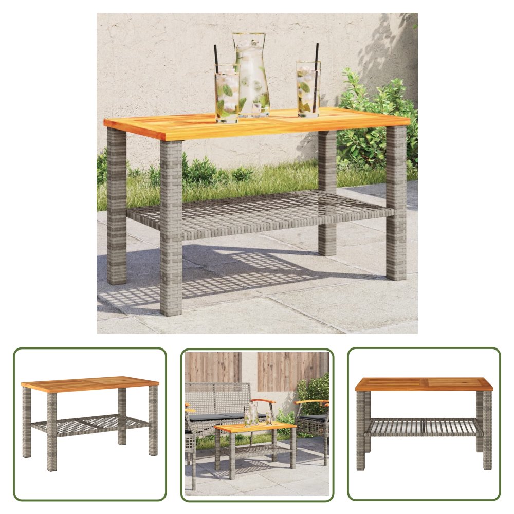 The Living Store Stolik ogrodowy - szary - 70x38x42 cm - polirattan i akacja - Stolik Ogrodowy
