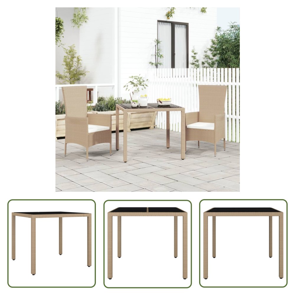 The Living Store Stół ogrodowy ze szklanym blatem - beżowy rattan PE i szkło - Stół Ogrodowy