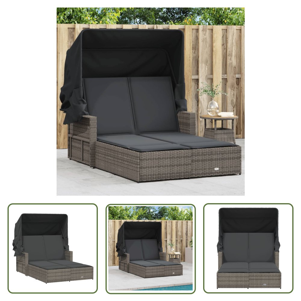 The Living Store Podwójna leżanka z zadaszeniem i poduszkami - szara - polirattan - Leżak