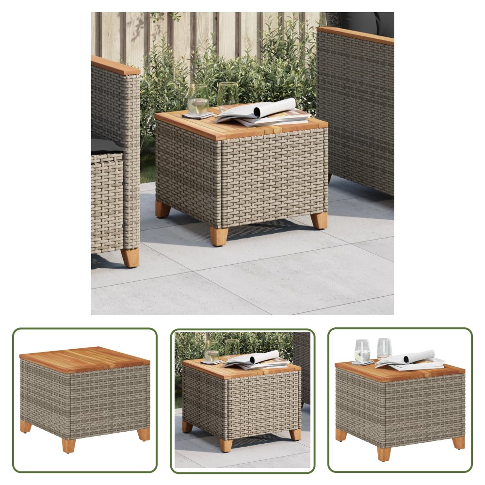 The Living Store Stolik ogrodowy - szary - 45x45x37 cm - polirattan i akacja - Stolik Ogrodowy