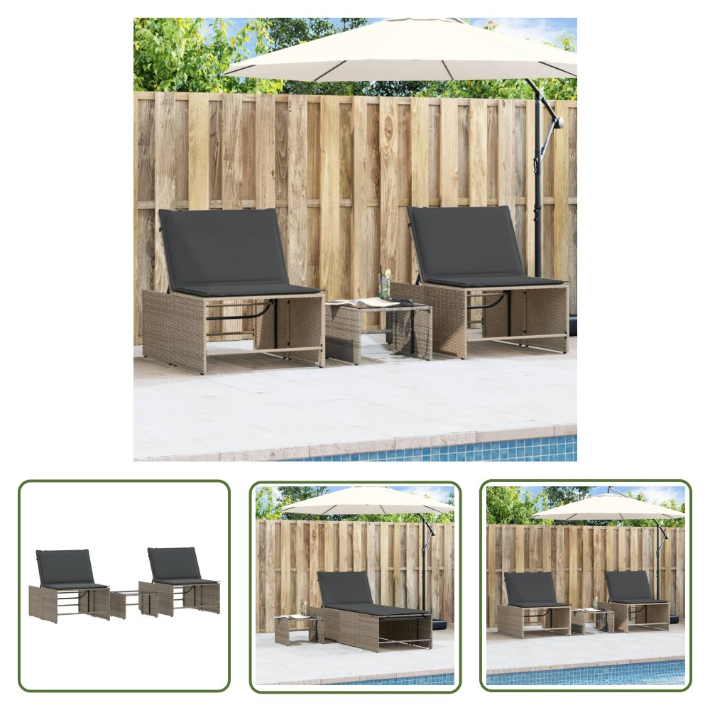 The Living Store Leżaki ze stolikiem - 2 szt. - szare - polirattan - Leżak