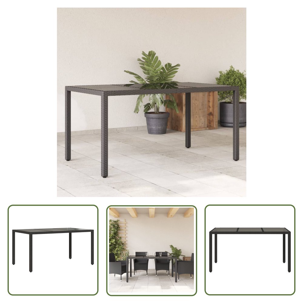 The Living Store Stół ogrodowy ze szklanym blatem - czarny - 150x90x75cm rattan PE - Stół Ogrodowy