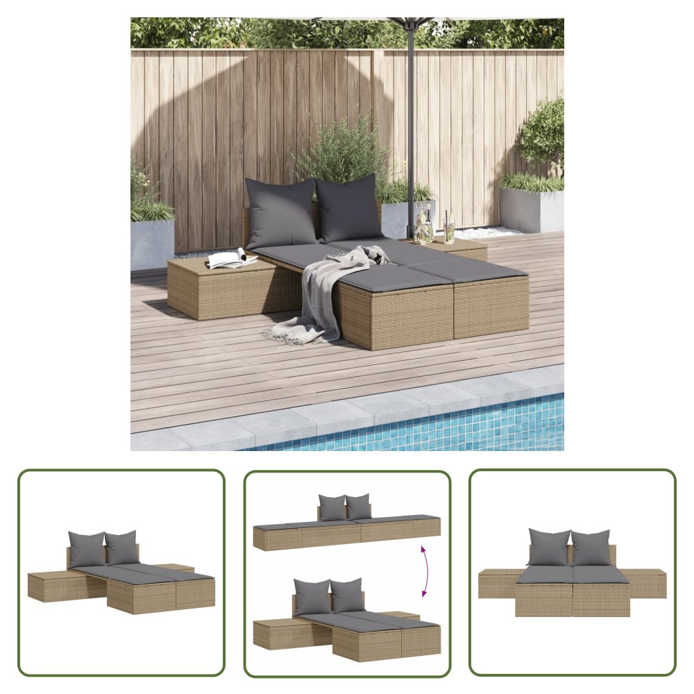 The Living Store Podwójna leżanka z poduszkami - beżowa - polirattan - Leżak