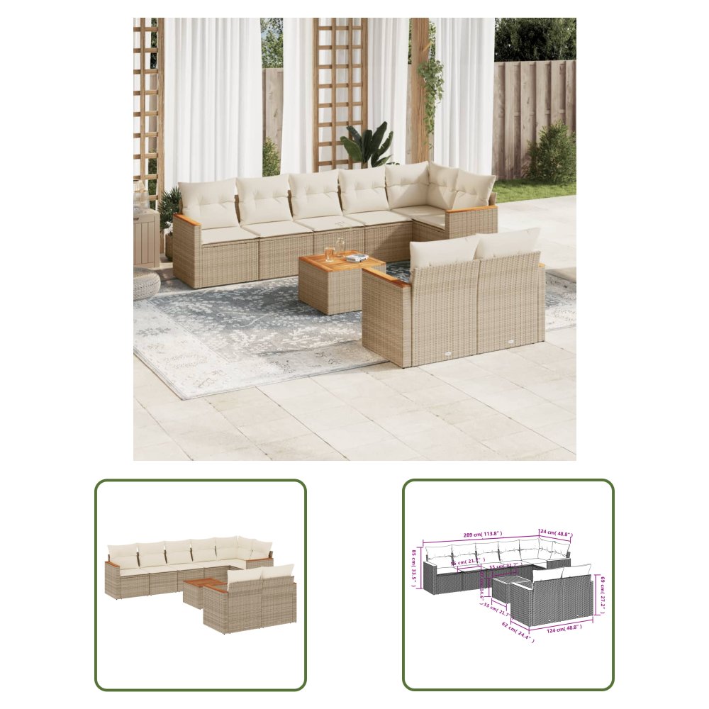 The Living Store 9-cz. zestaw mebli ogrodowych z poduszkami - beżowy - polirattan - Sofa Ogrodowa