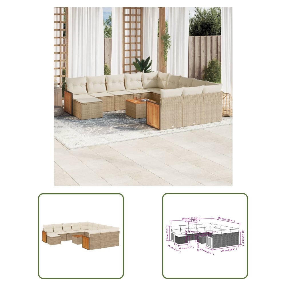 The Living Store 13-cz. zestaw mebli ogrodowych z poduszkami - beżowy - polirattan - Sofa Ogrodowa