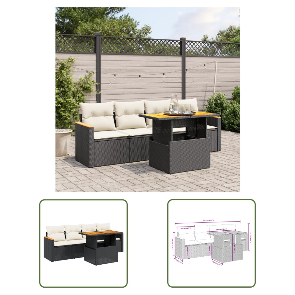The Living Store 5-cz. zestaw wypoczynkowy do ogrodu - poduszki - czarny rattan PE - Sofa Ogrodowa