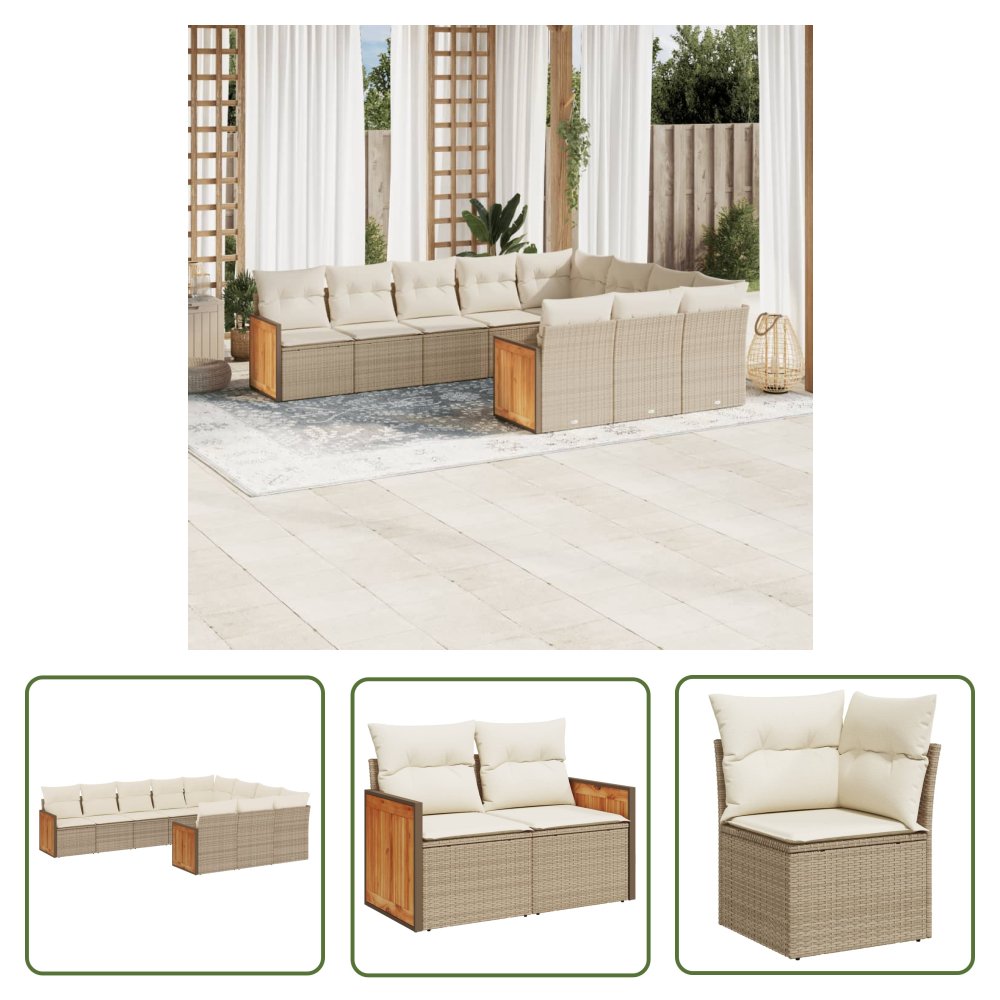 The Living Store 10-cz. zestaw mebli ogrodowych z poduszkami - beżowy - polirattan - Sofa Ogrodowa