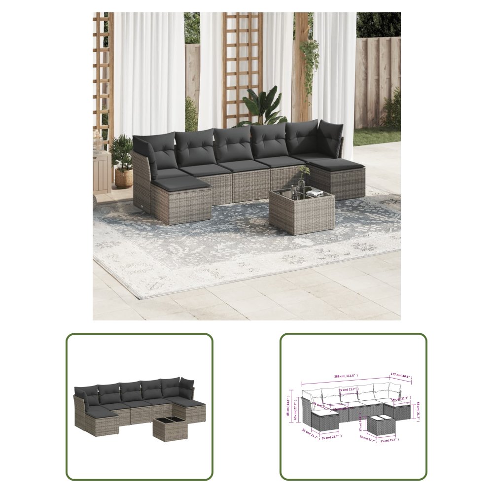 The Living Store 8-cz. zestaw mebli ogrodowych z poduszkami - szary - polirattan - Sofa Ogrodowa
