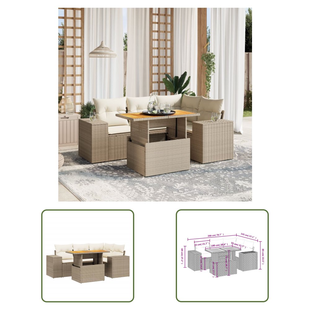 The Living Store 5-cz. zestaw mebli ogrodowych z poduszkami - beżowy - polirattan - Sofa Ogrodowa