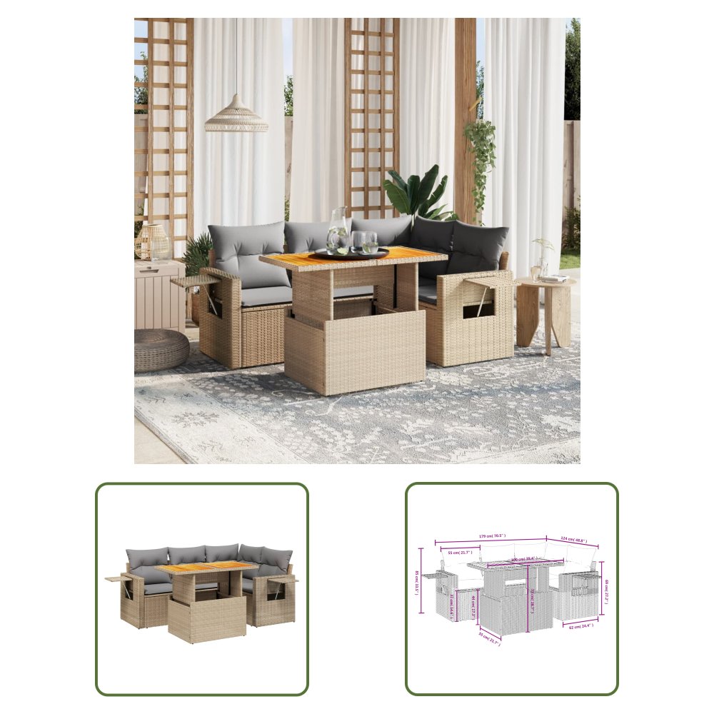 The Living Store 5-cz. zestaw mebli ogrodowych z poduszkami - beżowy - polirattan - Sofa Ogrodowa