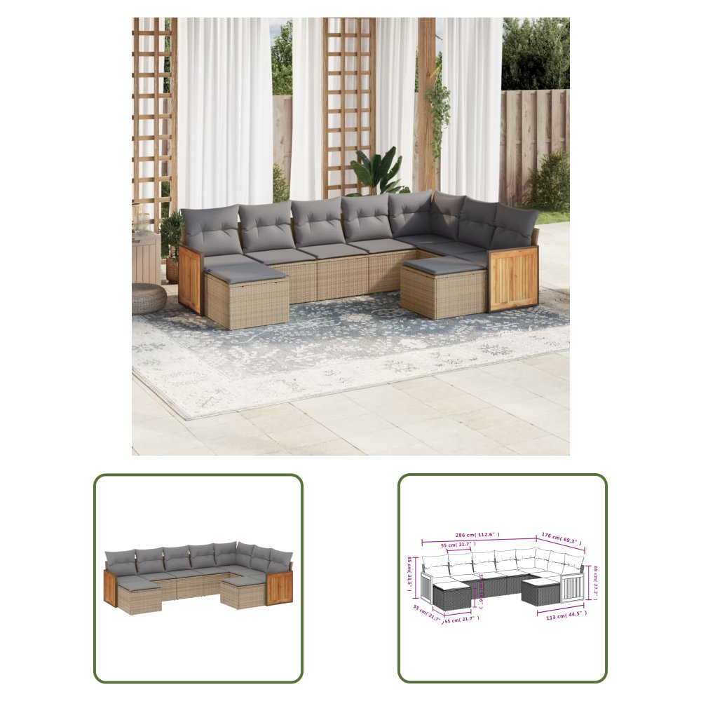 The Living Store 9-cz. zestaw mebli ogrodowych z poduszkami - beżowy - polirattan - Sofa Ogrodowa