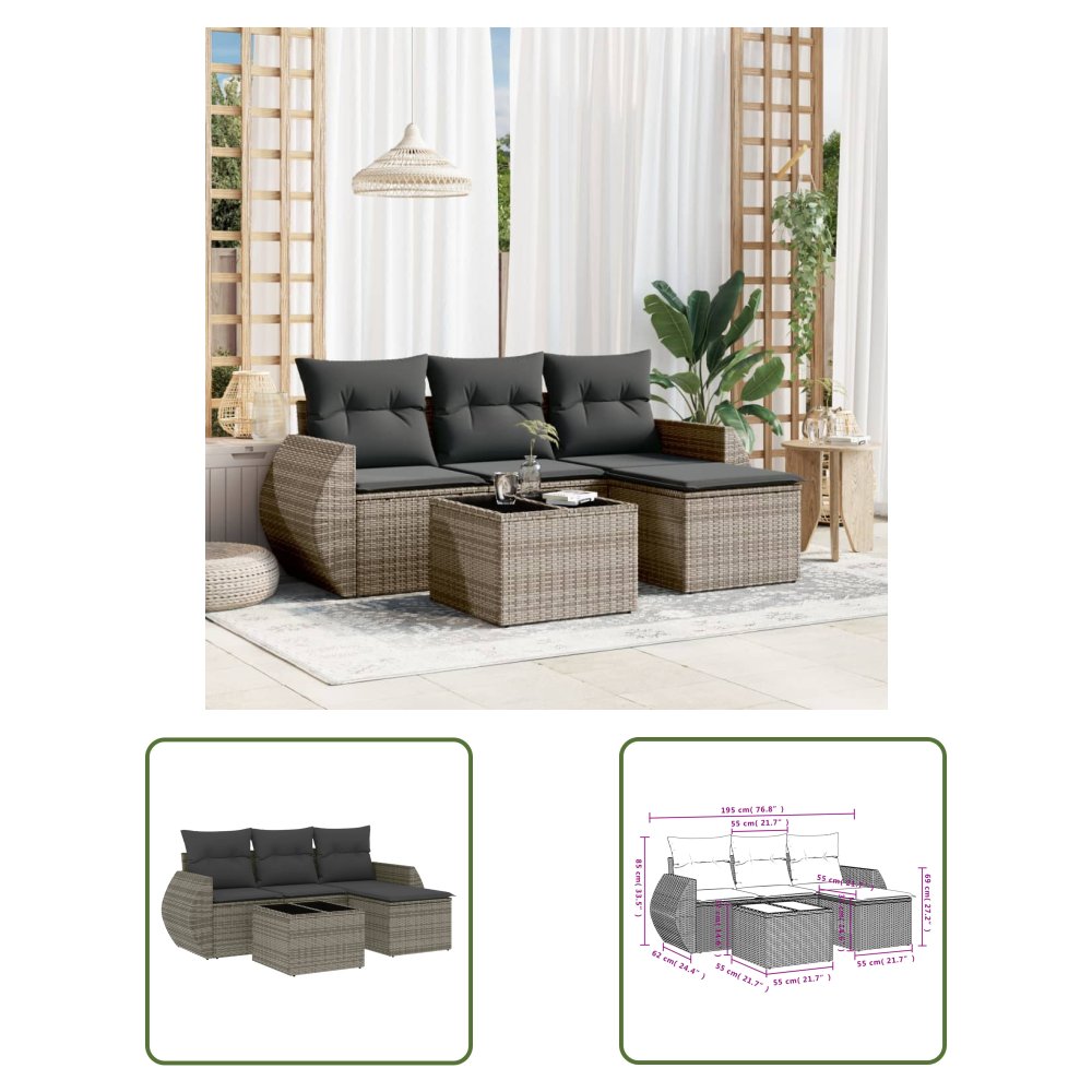 The Living Store 5-cz. zestaw wypoczynkowy do ogrodu - poduszki - szary rattan PE - Sofa Ogrodowa