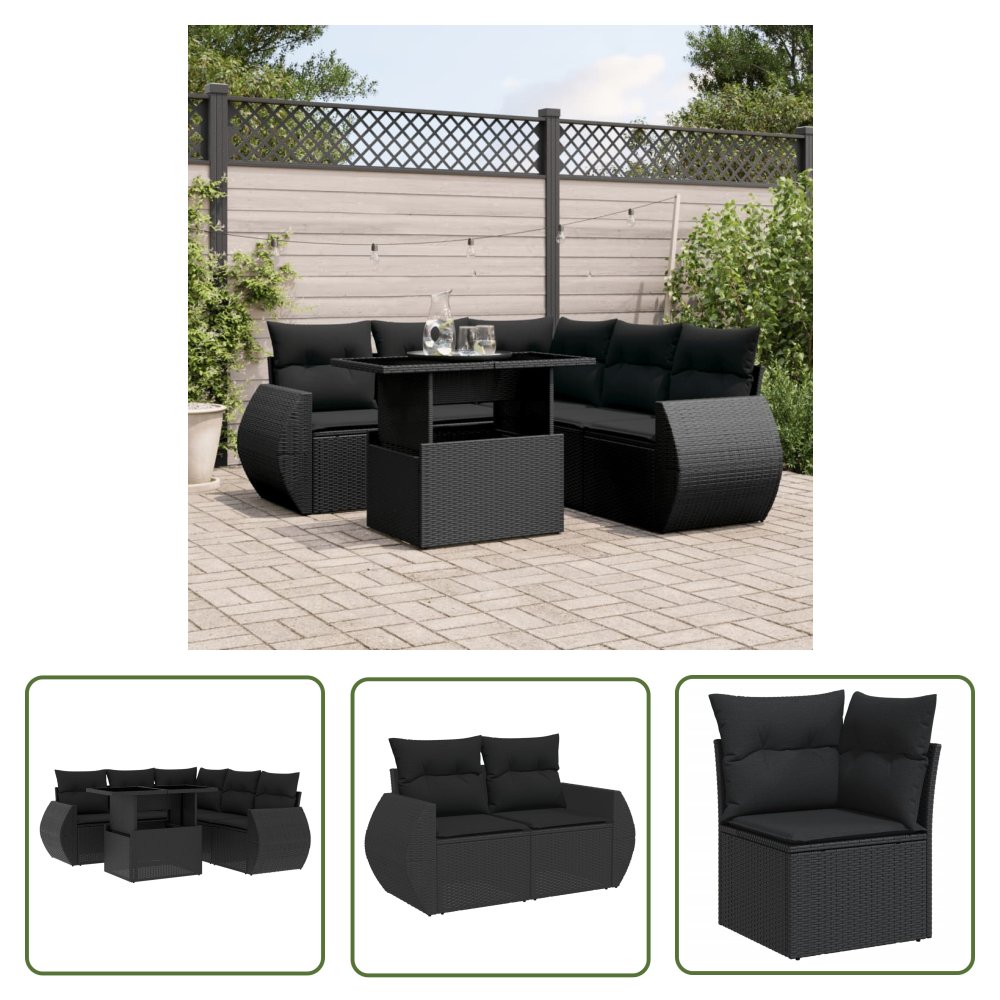 The Living Store 6-cz. zestaw mebli ogrodowych z poduszkami - czarny polirattan - Sofa Ogrodowa