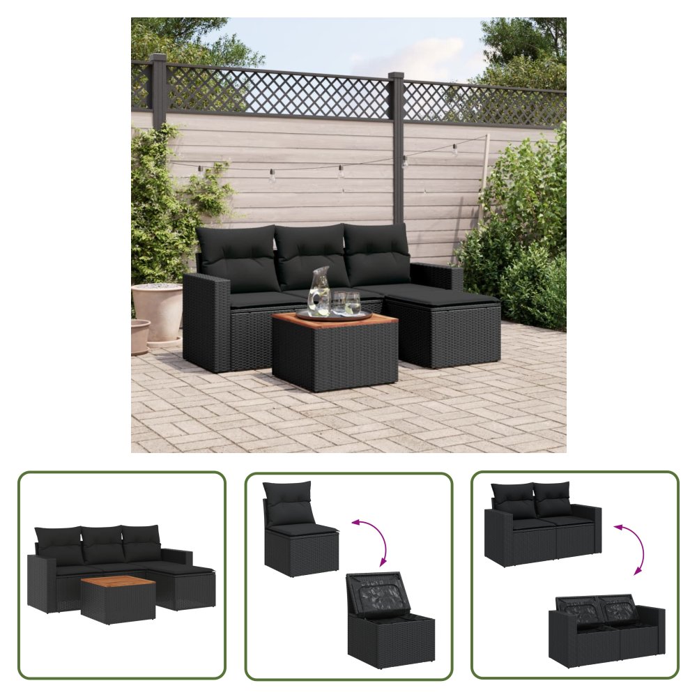 The Living Store 5-cz. zestaw wypoczynkowy do ogrodu - poduszki - czarny rattan PE - Sofa Ogrodowa