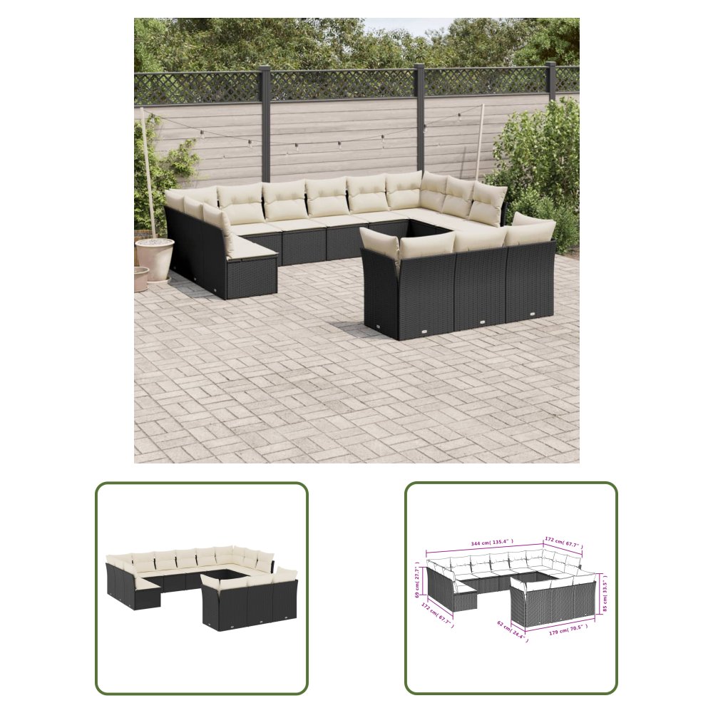 The Living Store 13-cz. zestaw mebli do ogrodu - poduszki - czarny - rattan PE - Sofa Ogrodowa