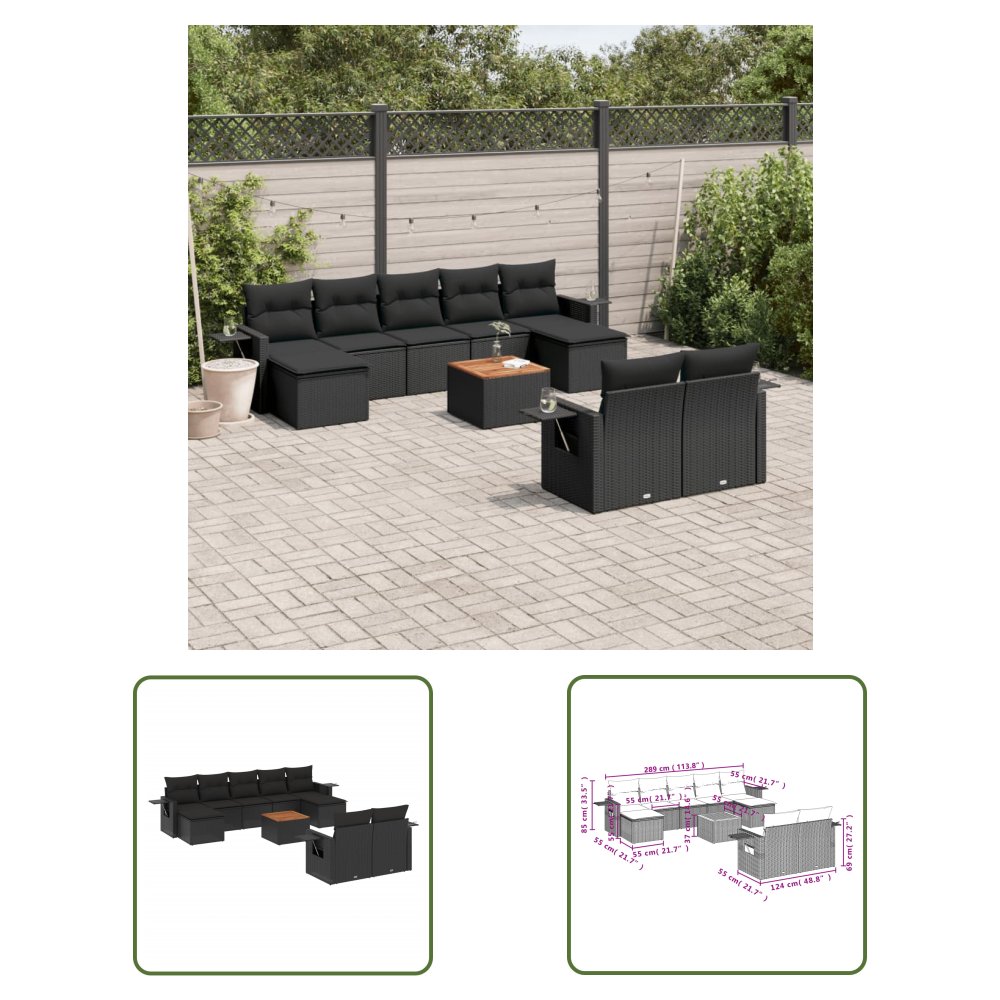 The Living Store 10-cz. zestaw wypoczynkowy do ogrodu - poduszki czarny rattan PE - Sofa Ogrodowa