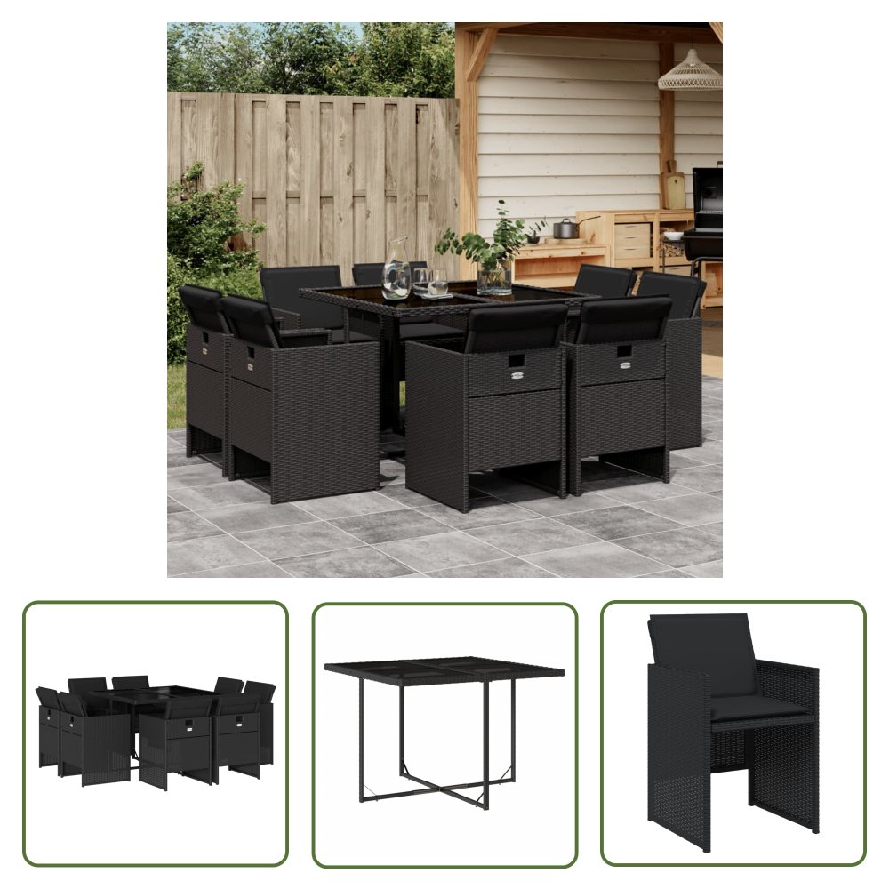 The Living Store 9-cz. zestaw mebli ogrodowych z poduszkami - czarny - rattan PE - Meble Ogrodowe