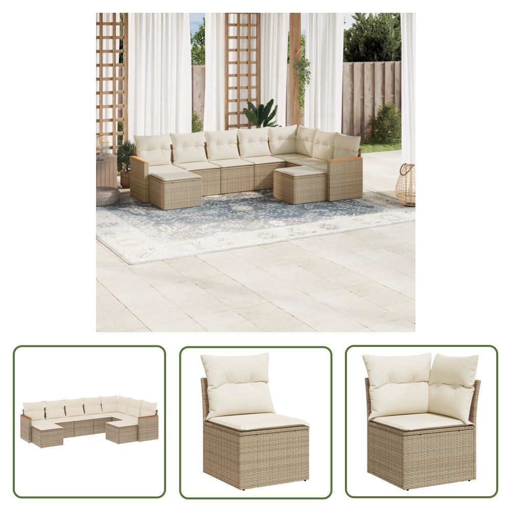 The Living Store 9-cz. zestaw mebli ogrodowych z poduszkami - beżowy - polirattan - Sofa Ogrodowa