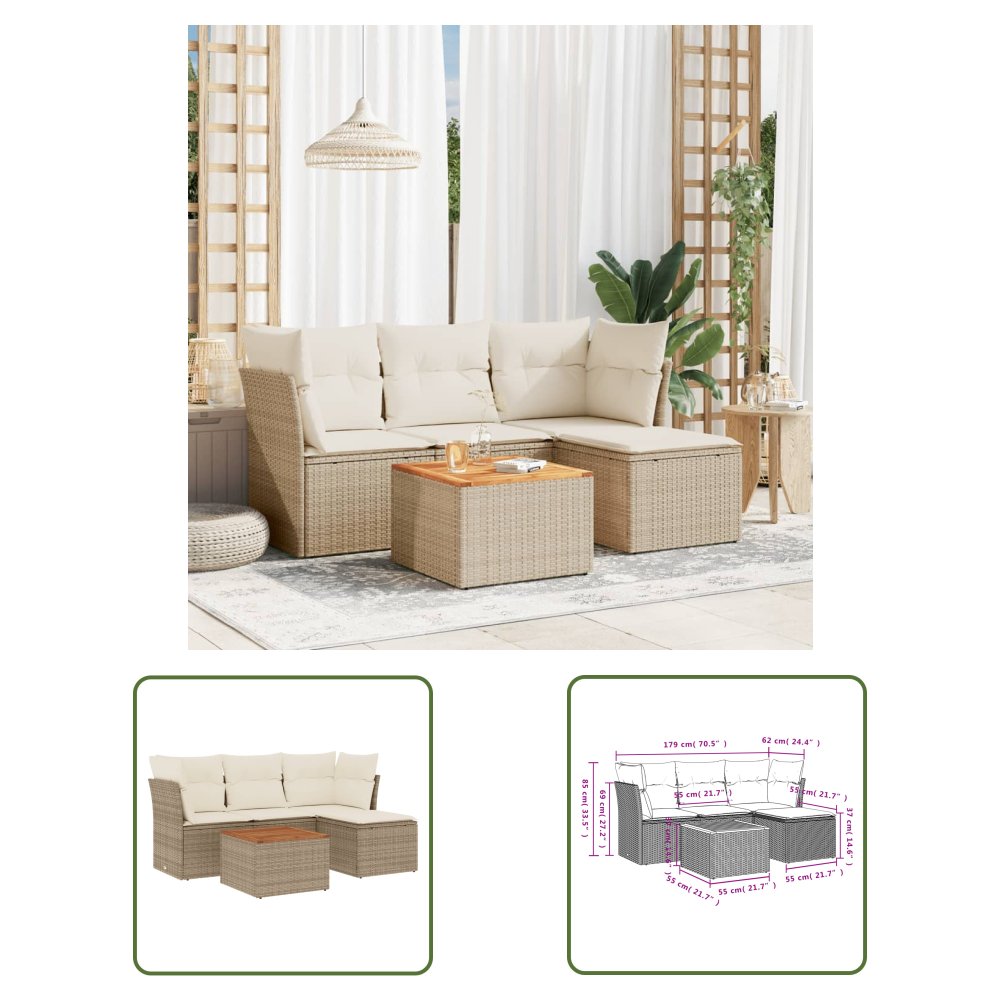 The Living Store 5-cz. zestaw mebli ogrodowych z poduszkami - beżowy - polirattan - Sofa Ogrodowa