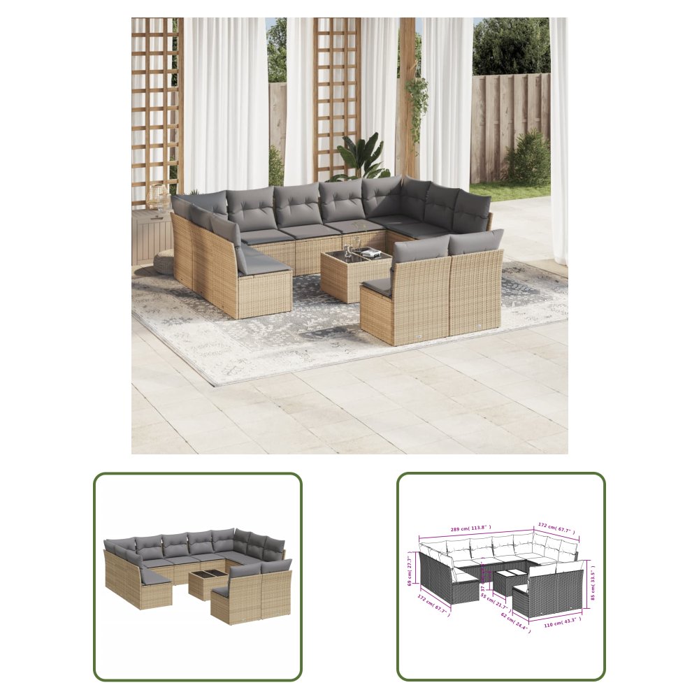 The Living Store 12-cz. zestaw mebli ogrodowych z poduszkami - beżowy - polirattan - Sofa Ogrodowa