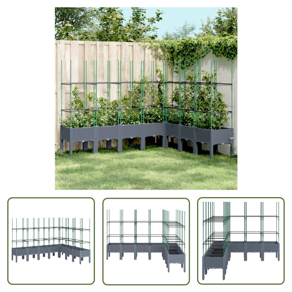 The Living Store Donica ogrodowa z kratką - szara - 200x160x142 -5 cm - PP - Skrzynia Na Rośliny