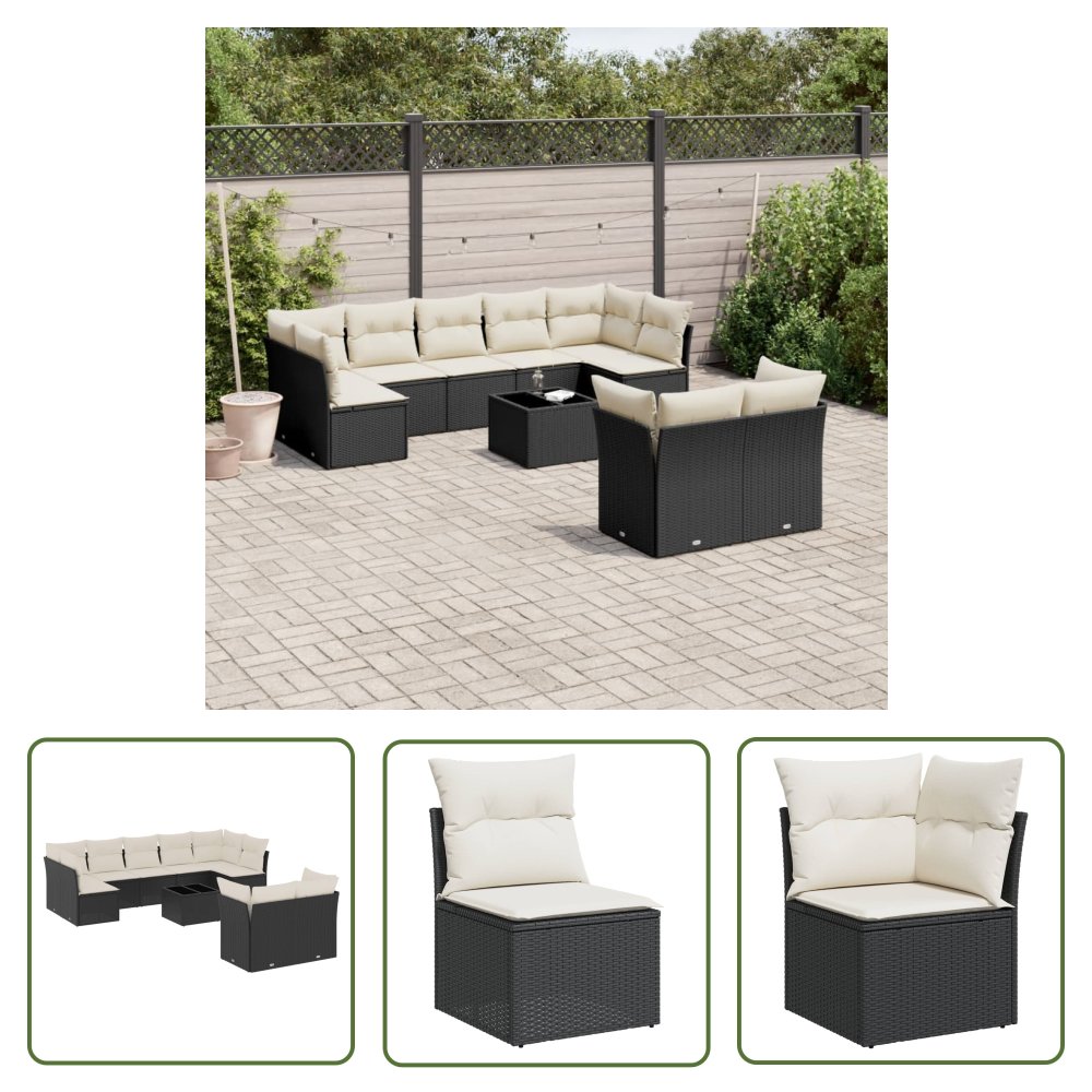 The Living Store 10-cz. zestaw wypoczynkowy do ogrodu - poduszki czarny rattan PE - Sofa Ogrodowa