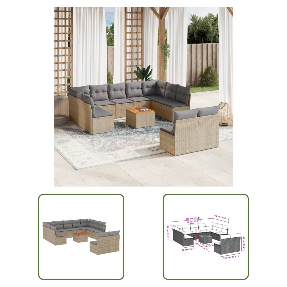 The Living Store 12-cz. zestaw mebli ogrodowych z poduszkami - beżowy - polirattan - Sofa Ogrodowa