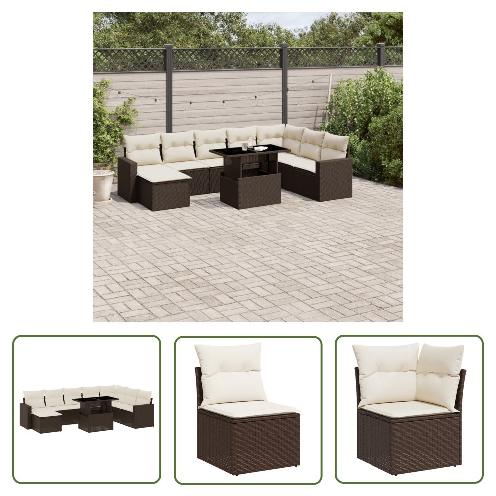 The Living Store 9-cz. zestaw mebli ogrodowych z poduszkami - brązowy - polirattan - Sofa Ogrodowa
