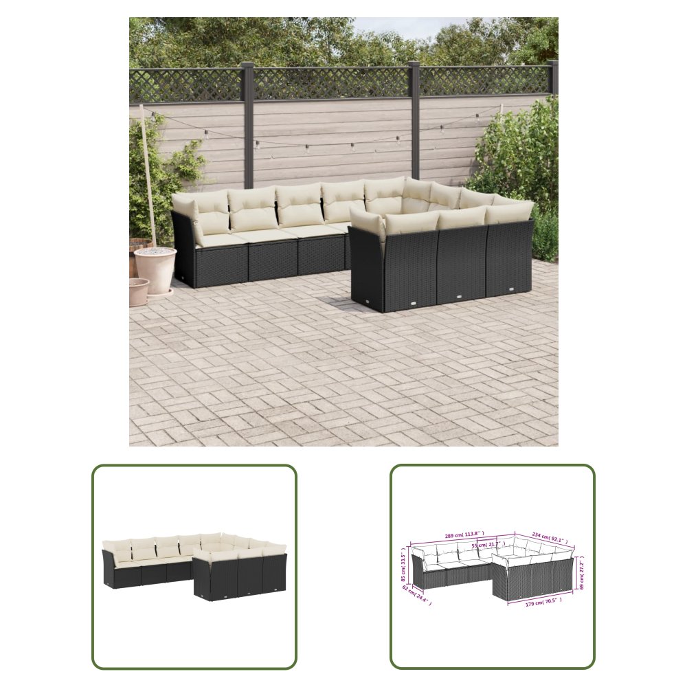 The Living Store 10-cz. zestaw wypoczynkowy do ogrodu - poduszki czarny rattan PE - Sofa Ogrodowa