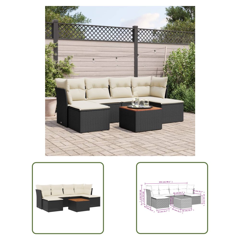 The Living Store 7-cz. zestaw wypoczynkowy do ogrodu - z poduszkami - czarny - Sofa Ogrodowa