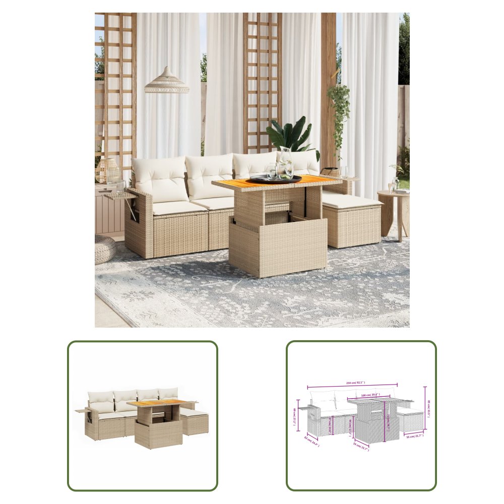 The Living Store 6-cz. zestaw mebli ogrodowych z poduszkami - beżowy - polirattan - Sofa Ogrodowa