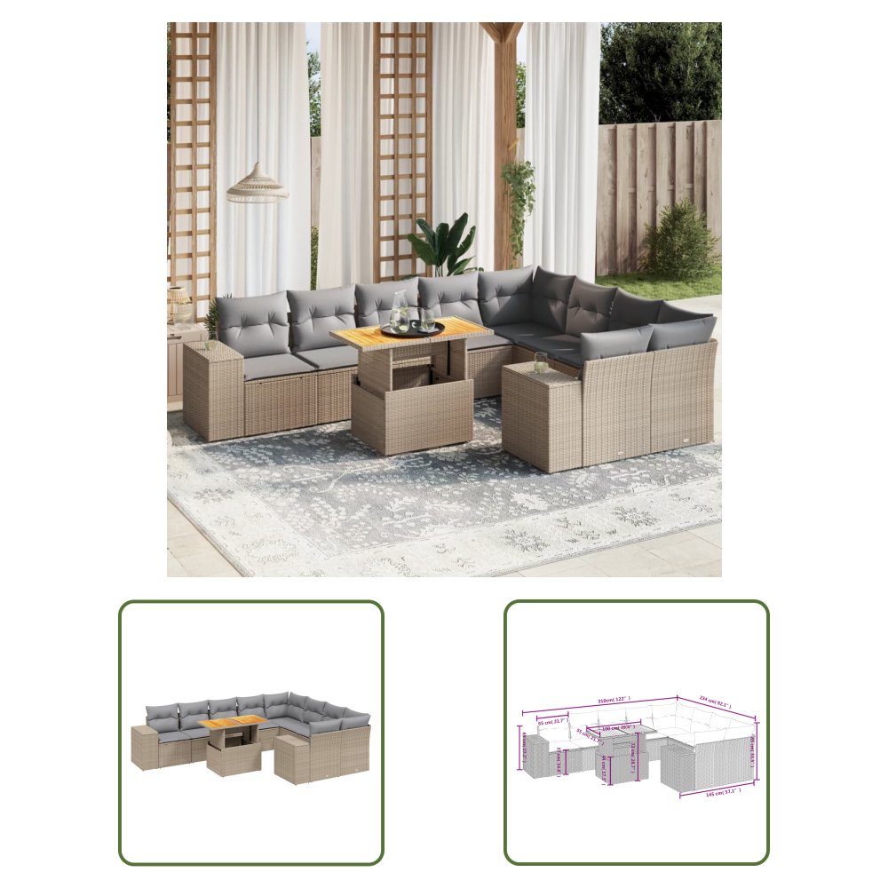 The Living Store 10-cz. zestaw mebli ogrodowych z poduszkami - beżowy - polirattan - Sofa Ogrodowa