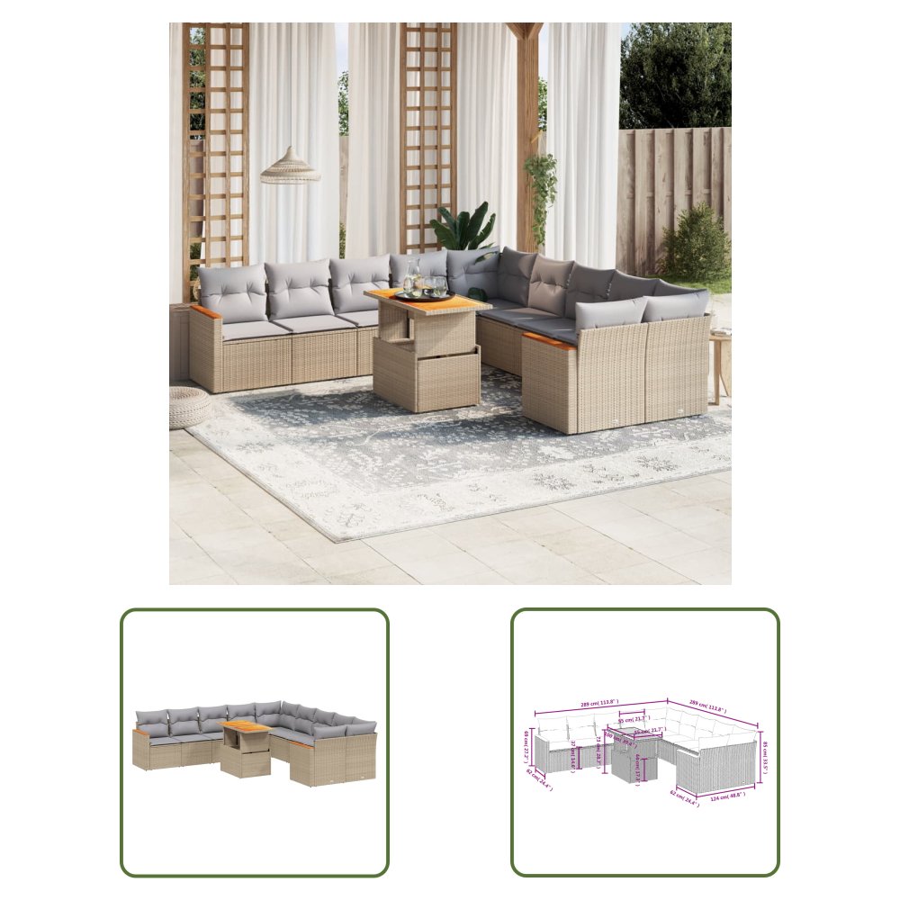 The Living Store 11-cz. zestaw mebli ogrodowych z poduszkami - beżowy - polirattan - Sofa Ogrodowa
