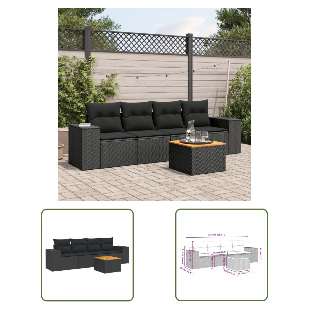 The Living Store 5-cz. zestaw wypoczynkowy do ogrodu - poduszki - czarny rattan PE - Sofa Ogrodowa