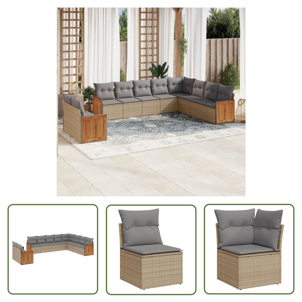 The Living Store 10-cz. zestaw mebli ogrodowych z poduszkami - beżowy - polirattan - Sofa Ogrodowa