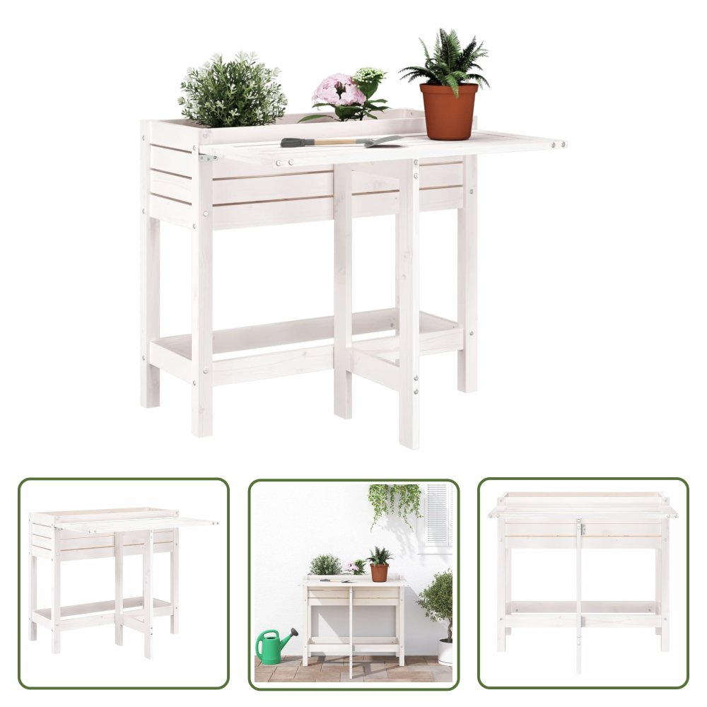 The Living Store Donica ogrodowa ze składanym blatem - biała - lite drewno sosnowe - Donica Ogrodowa