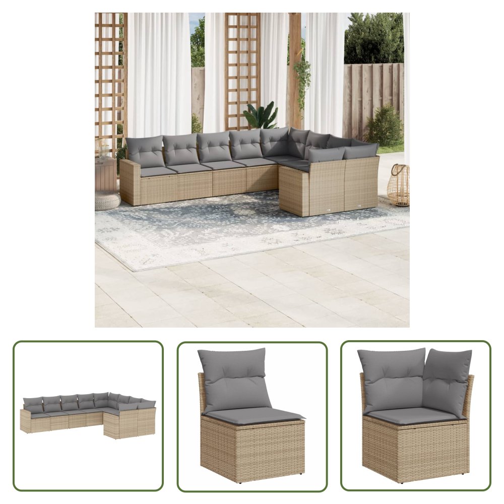 The Living Store 9-cz. zestaw mebli ogrodowych z poduszkami - beżowy - polirattan - Sofa Ogrodowa