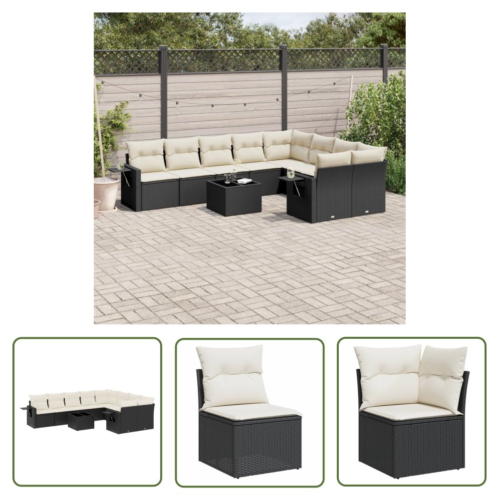 The Living Store 10-cz. zestaw wypoczynkowy do ogrodu - poduszki czarny rattan PE - Sofa Ogrodowa