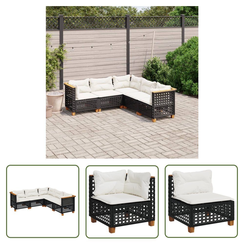 The Living Store 5-cz. zestaw wypoczynkowy do ogrodu - poduszki - czarny rattan PE - Sofa Ogrodowa