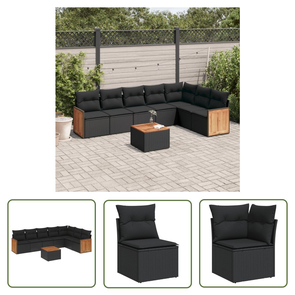 The Living Store 8-cz. zestaw wypoczynkowy do ogrodu - z poduszkami - czarny - Sofa Ogrodowa