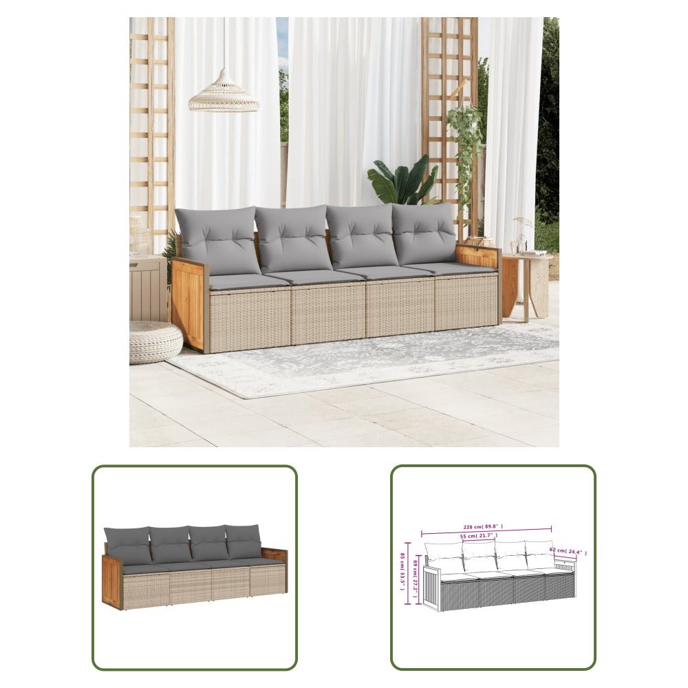 The Living Store 4-cz. zestaw mebli ogrodowych z poduszkami - beżowy - polirattan - Sofa Ogrodowa