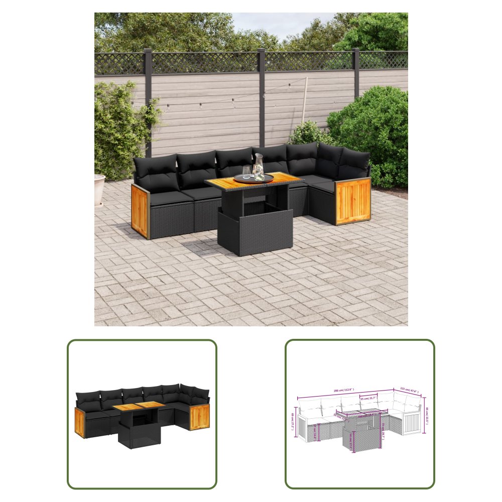 The Living Store 7-cz. zestaw wypoczynkowy do ogrodu - z poduszkami - czarny - Sofa Ogrodowa