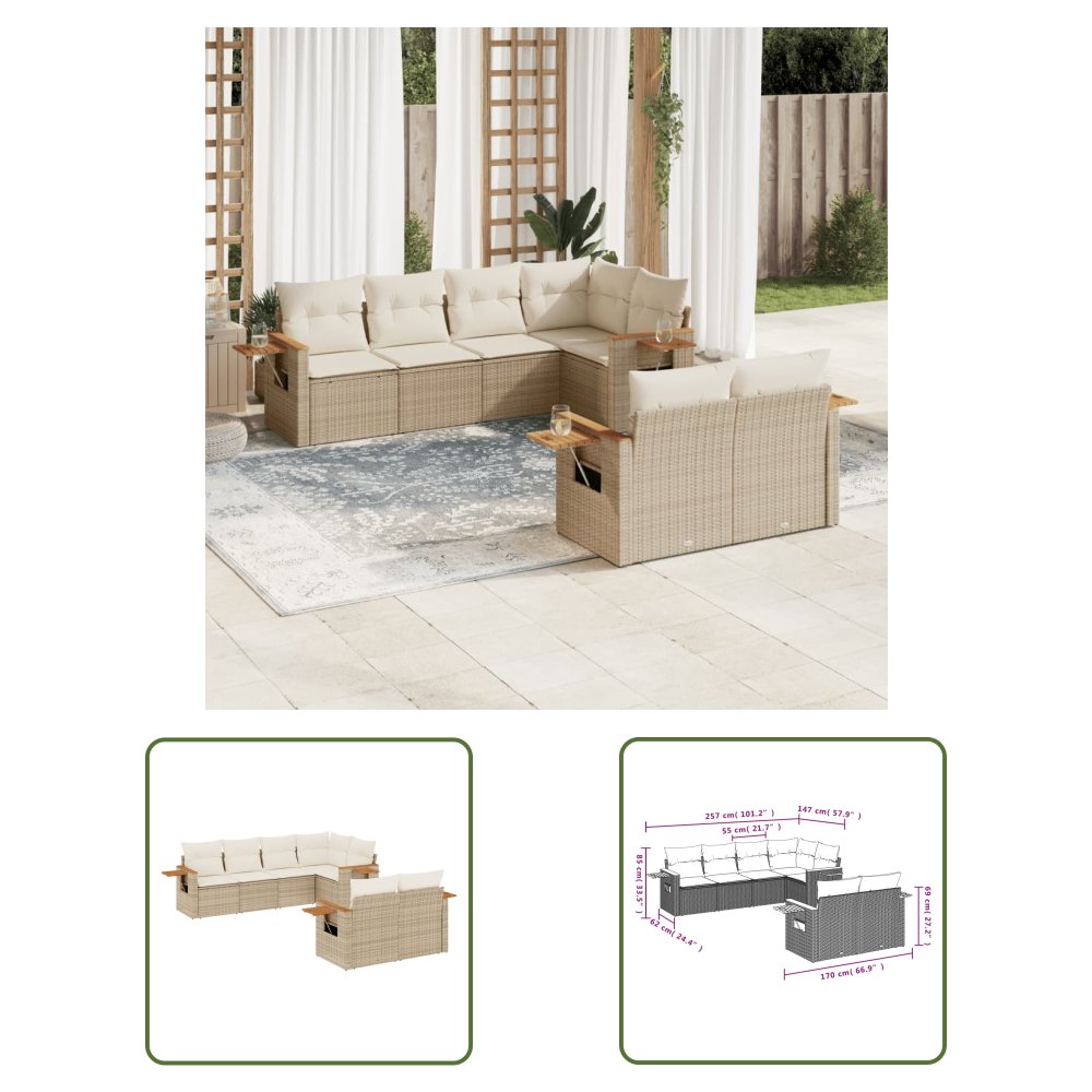 The Living Store 7-cz. zestaw wypoczynkowy do ogrodu - z poduszkami - beżowy - Sofa Ogrodowa